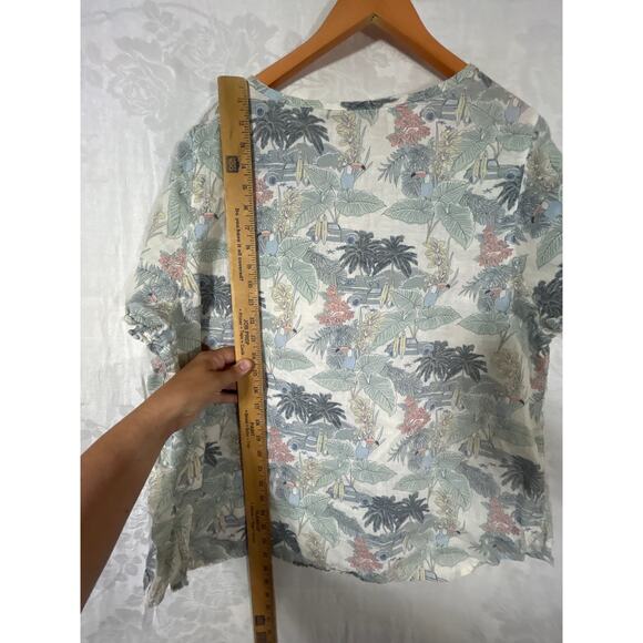 Tahari Blouse 2X 100% Linen Tan Tropical Print Toucan Car Surf Boxy Tunic - Picture 7 of 7